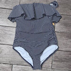 Kona Sol Navy Blue Gingham Ruffle One Piece Bathing Suit size S